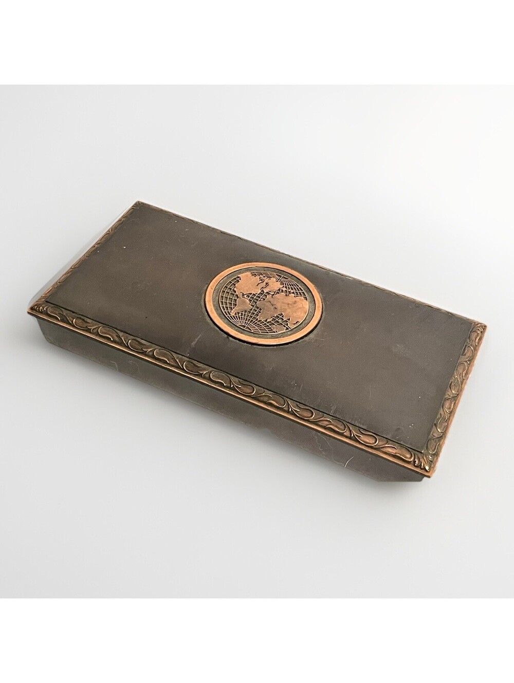 LE MASON Boston Copper & Cork Lined Globe Seal Cigarette Pencil Desk Box MCM Vtg